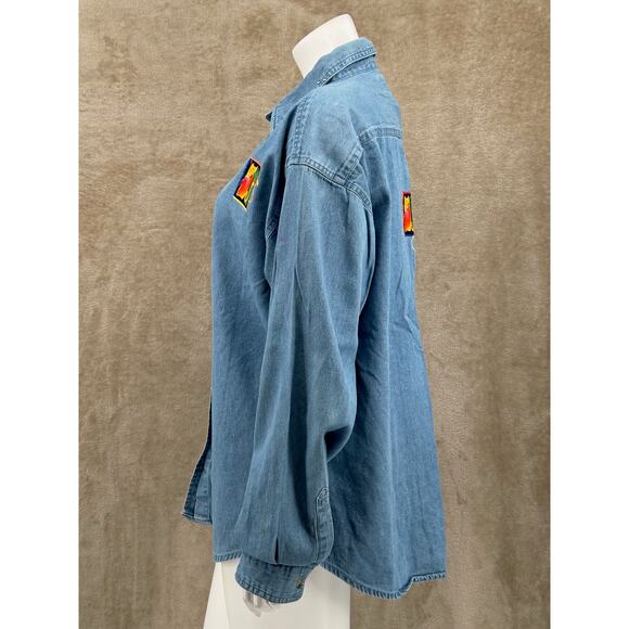 Tri-Mountain Top Womens XL Blue Button Up Tunic Denim Cat Lady Artsy 100% Cotton - Picture 5 of 12